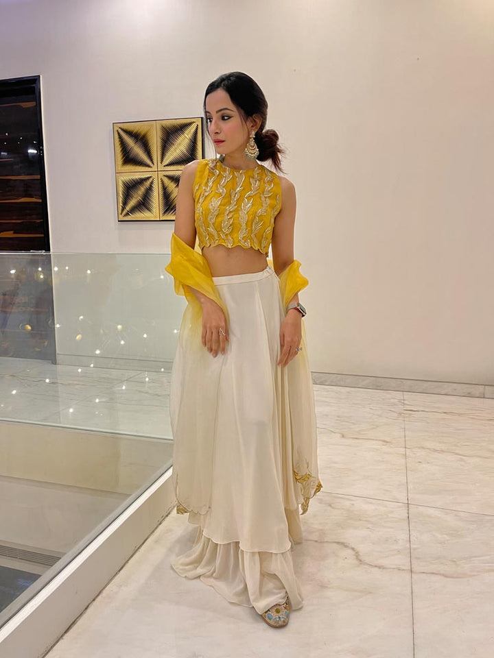 Kanishka Ahuja in MUSTARD APPLIQUE LEHENGA SET