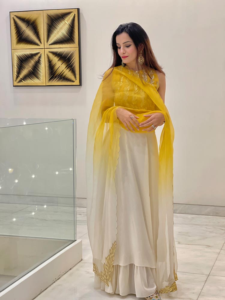 Kanishka Ahuja in MUSTARD APPLIQUE LEHENGA SET