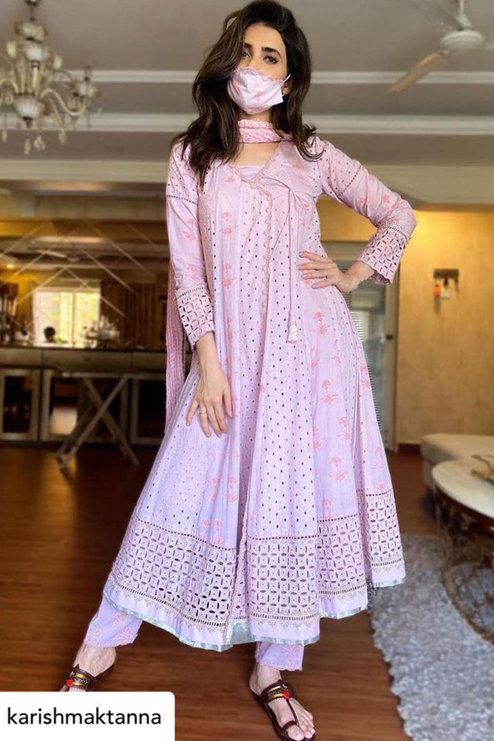 Karishma Tanna in Pale Salmon Mulmul Suit Set