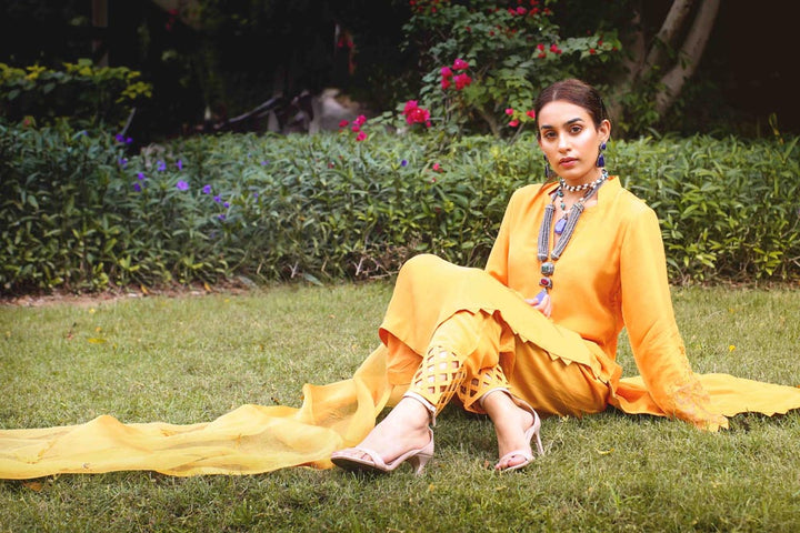 Sadaf J Khan in Amber silk Suit set