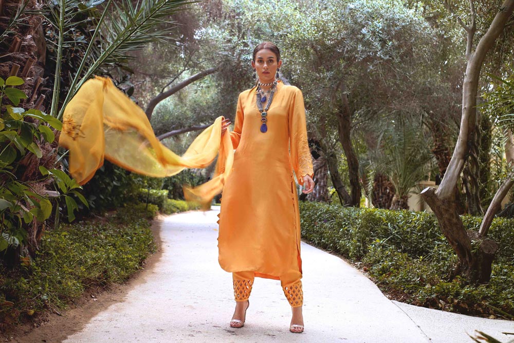 Sadaf J Khan in Amber silk Suit set